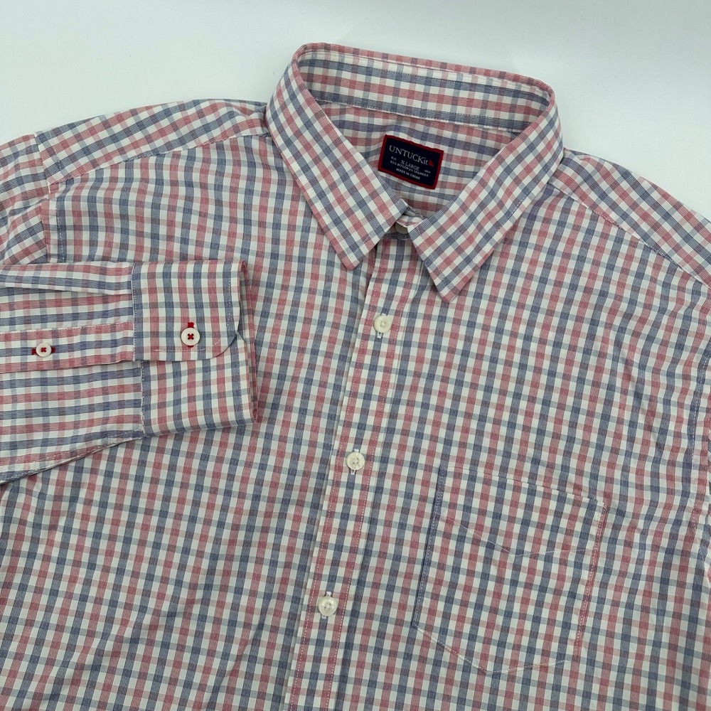 UNTUCKit Mens X Large Button Down‎ Checkered Dress Shirt Red Blue White